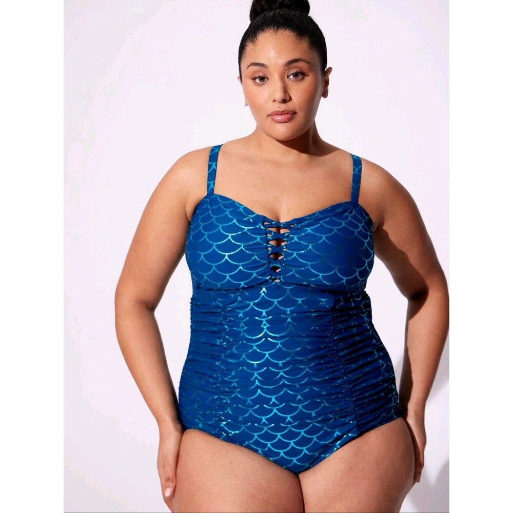 NWT Torrid Wireless Lattice Front One Piece Swimsuit Mermaid Size 2X